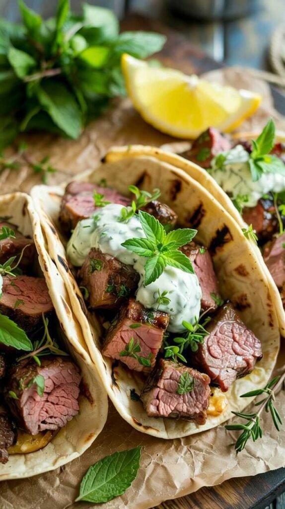 Grilled lamb tacos with mint yogurt and fresh herbs