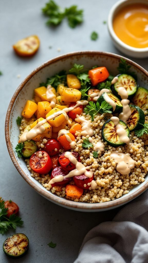 A colorful and healthy grilled vegetable breakfast bowl.