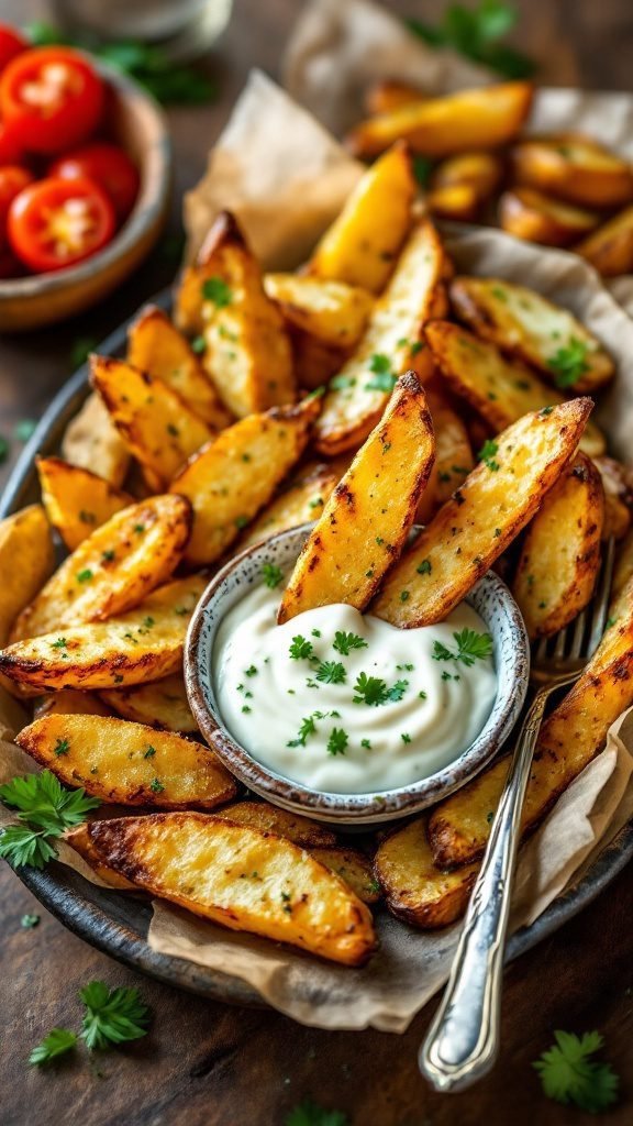 Herbed potato wedges with garlic aioli served on a plate