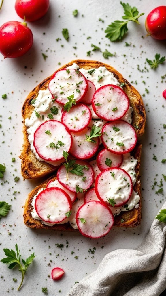 A delicious plate of herbed ricotta and radish toasts garnished with fresh herbs.