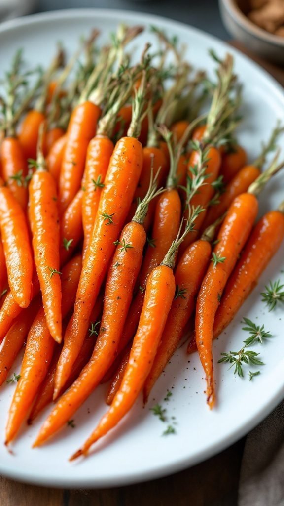Honey glazed carrots with thyme on a white plate.
