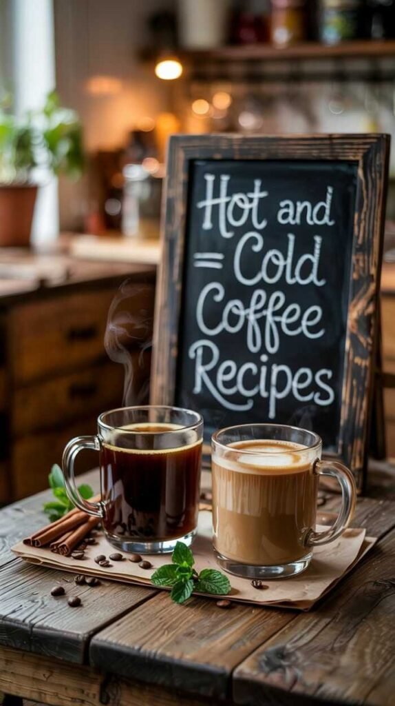 Two glass mugs of coffee sit on a rustic table; one black, steaming, and the other a latte. A sign reads "Hot and Cold Coffee Recipes." Cozy ambiance.
