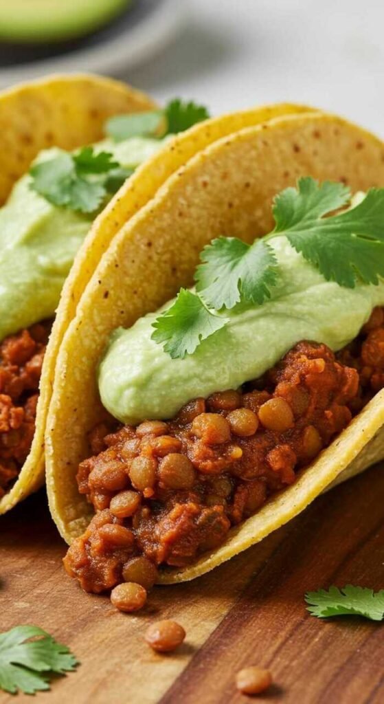 Two lentil tacos topped with avocado cream and garnished with cilantro.