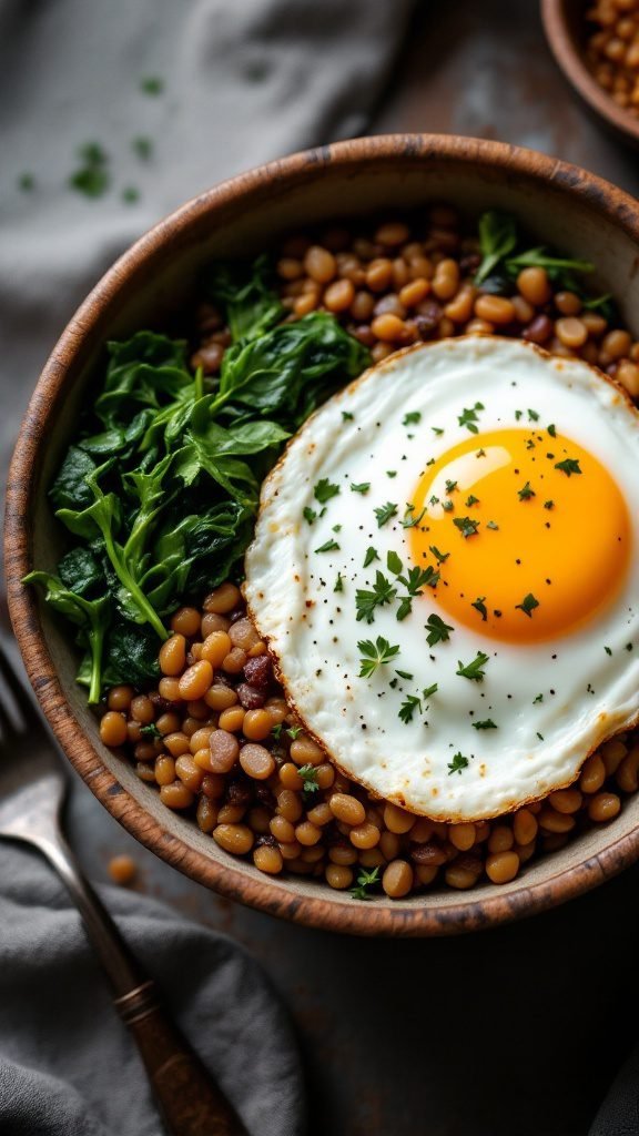A delicious lentil and egg breakfast bowl topped with fresh spinach and herbs.
