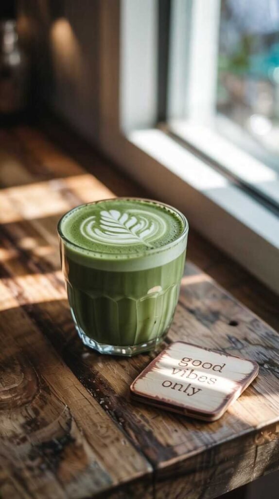 A vibrant green matcha coffee blend in a cup.