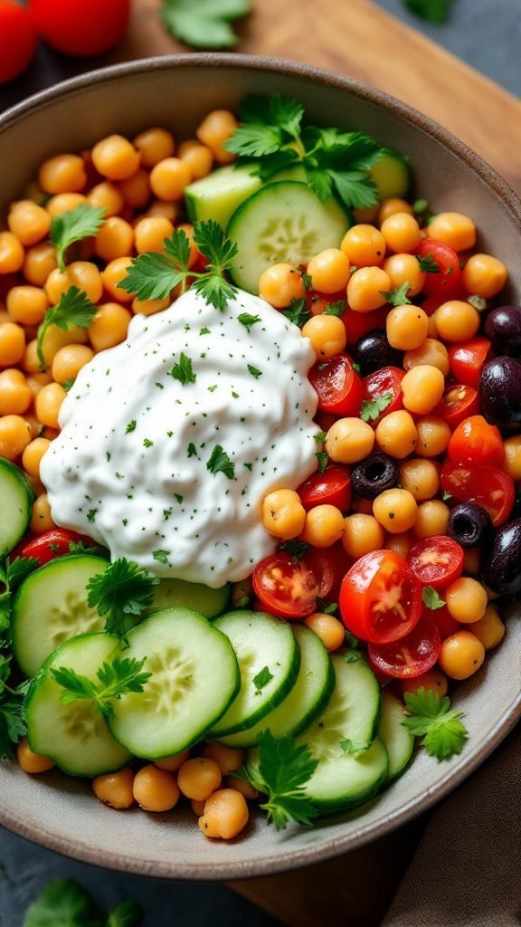 Mediterranean Chickpea Breakfast Bowl with fresh vegetables and yogurt