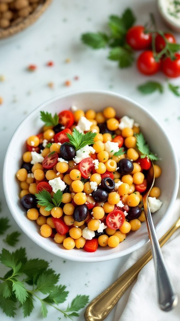 A vibrant Mediterranean Chickpea Salad with tomatoes, cucumbers, and olives.