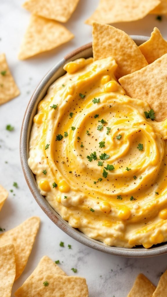 A bowl of creamy Mexican Street Corn Dip with tortilla chips