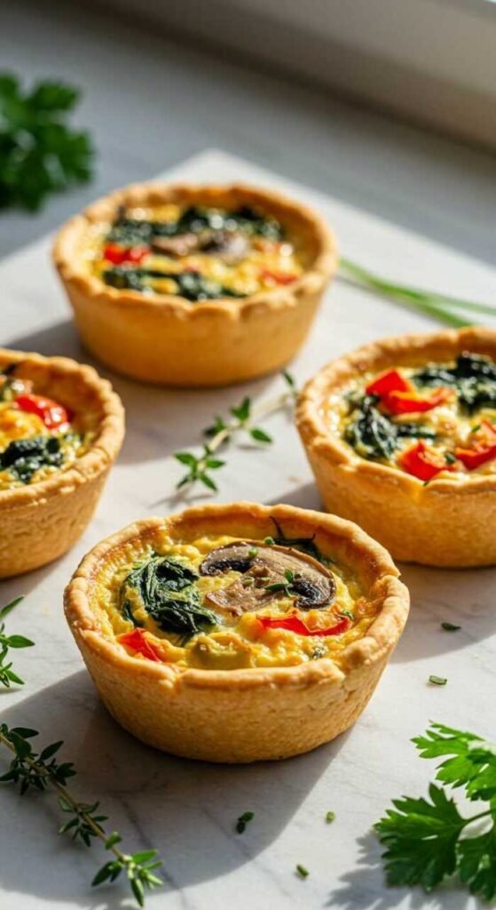 Mini quiches arranged beautifully with fresh ingredients around.