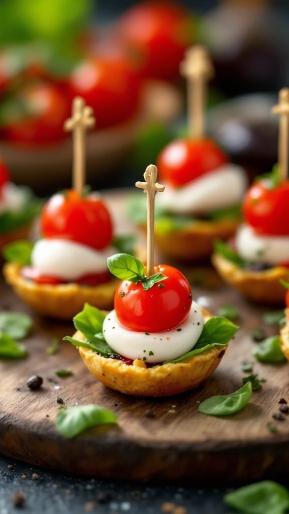 Mini Caprese Salad Bites with cherry tomatoes, mozzarella, and basil on a wooden platter.