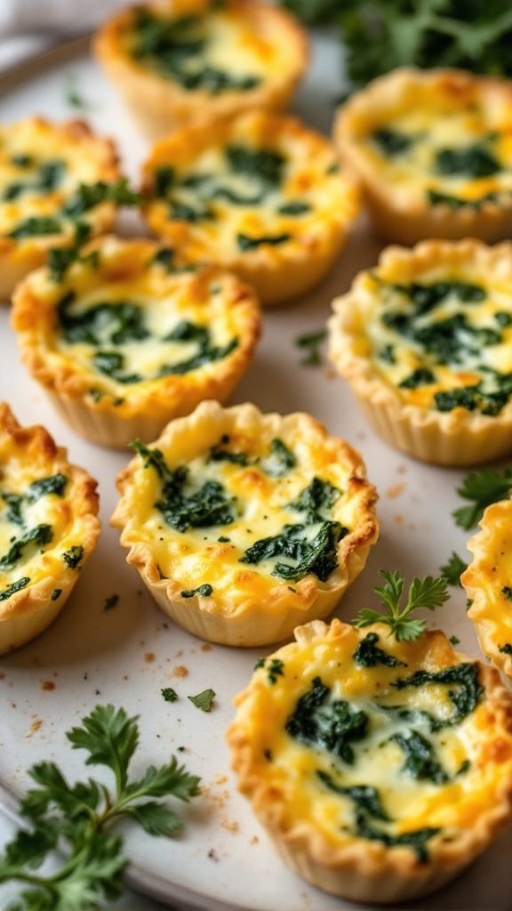 Mini quiches filled with spinach and cheese on a platter