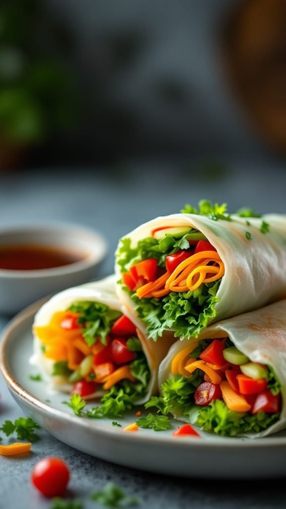 Mini vegetable spring rolls filled with colorful veggies and served with a dipping sauce.