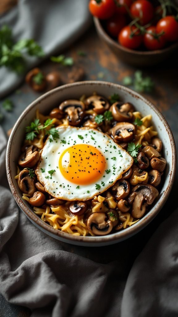 A delicious mushroom and cheese breakfast bowl topped with a poached egg.