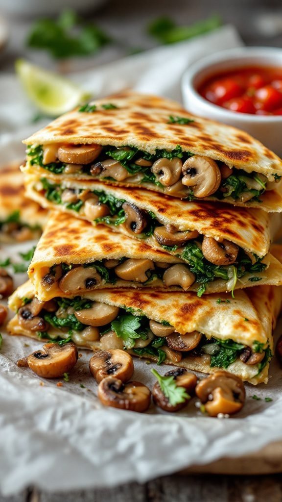 Mushroom and Spinach Quesadilla Slices stacked with a side of salsa.