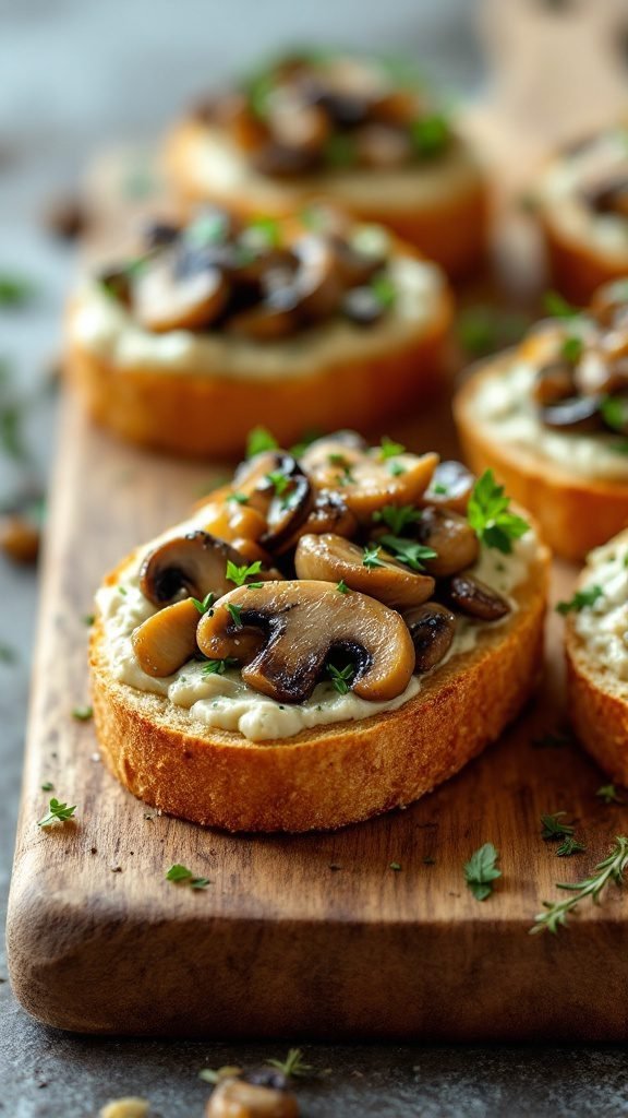 Mushroom crostini on a wooden board, topped with garlic herb spread and garnished with parsley.