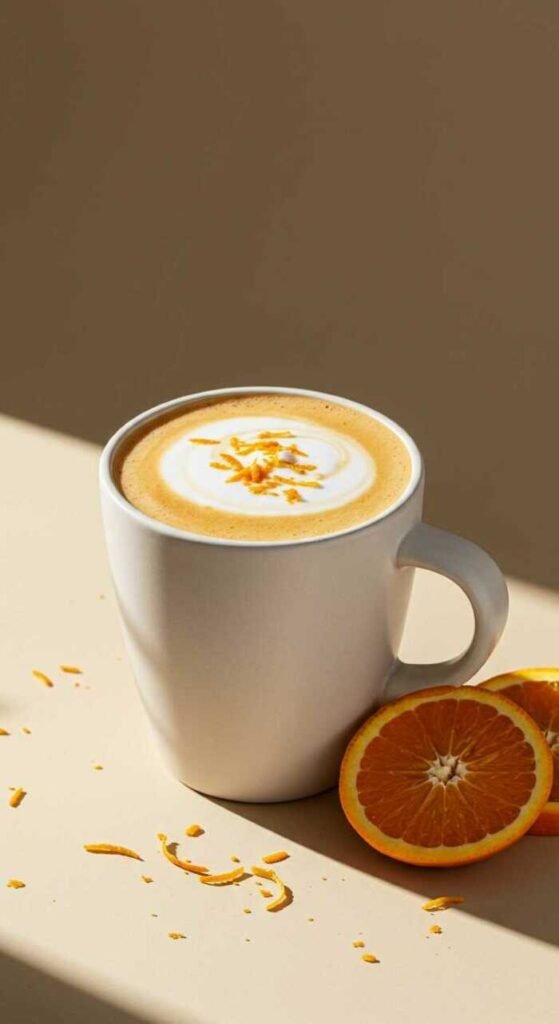 A refreshing cup of orange creamsicle coffee with orange slices and zest.