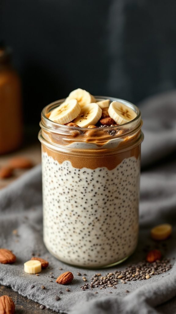 A jar of overnight oats topped with almond butter, banana slices, and nuts.
