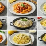 A grid of nine pasta dishes on plates, displaying a variety of sauces and garnishes, including tomatoes, basil, and cheese. Bright, appetizing presentation.