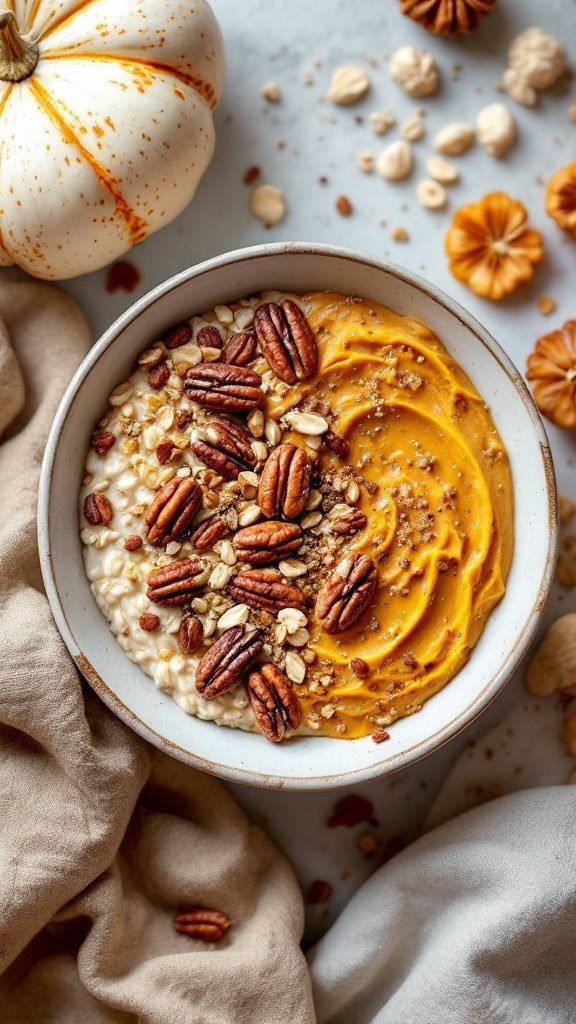 A bowl of Pumpkin Spice Overnight Oats topped with pecans and granola
