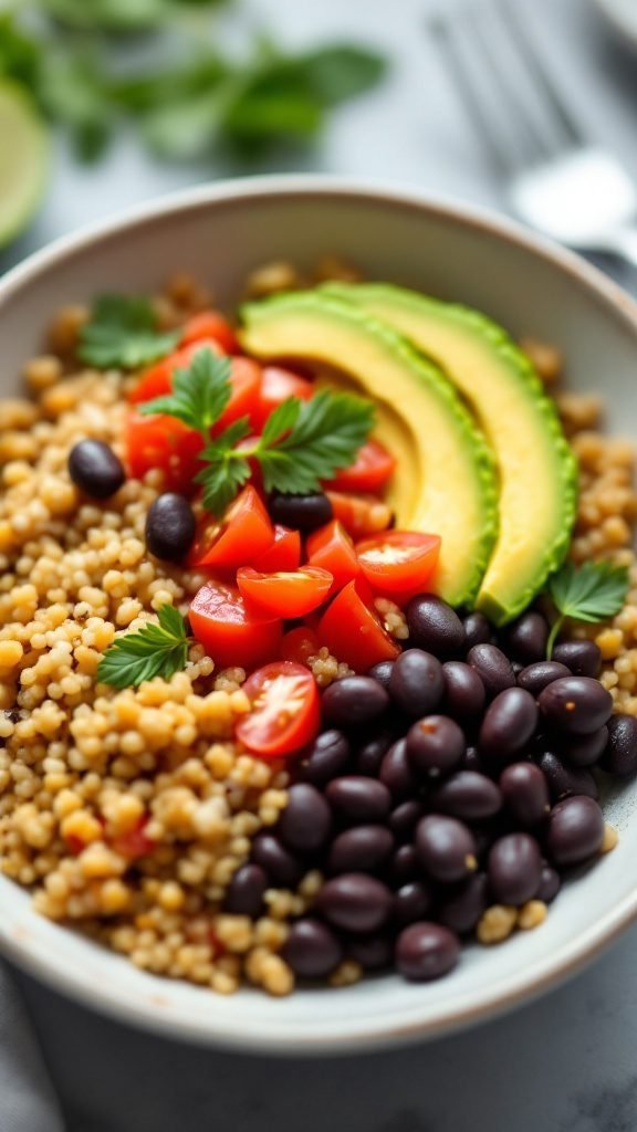A nutritious quinoa and black bean breakfast bowl topped with fresh avocado and tomatoes.
