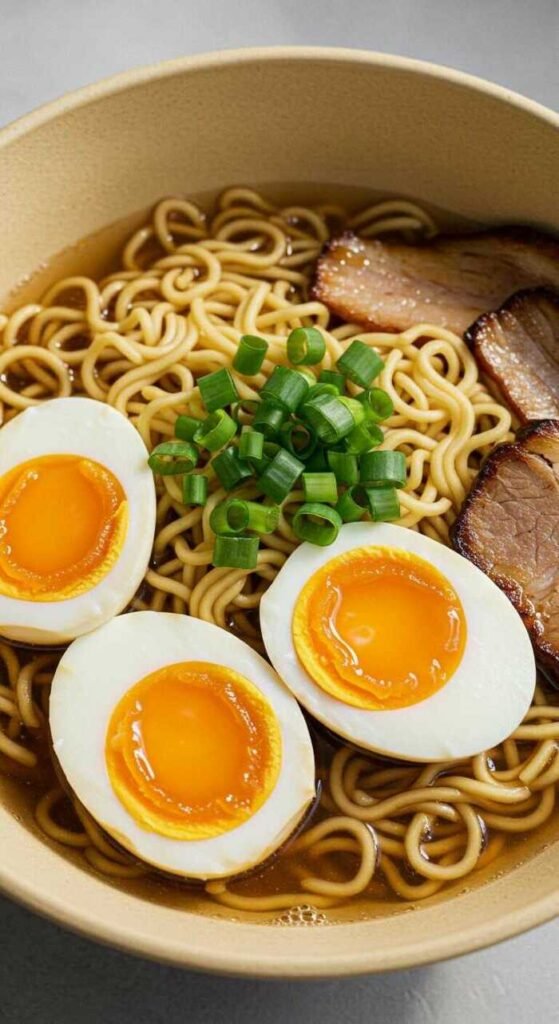 A delicious ramen noodle breakfast bowl topped with soft-boiled eggs and green onions.