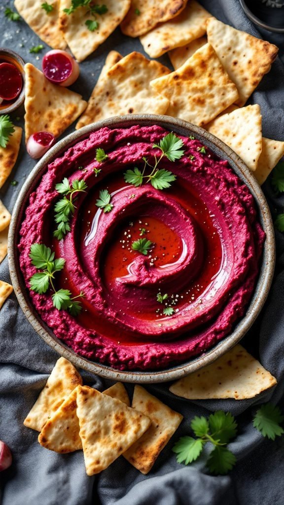 A bowl of roasted beet hummus surrounded by pita chips
