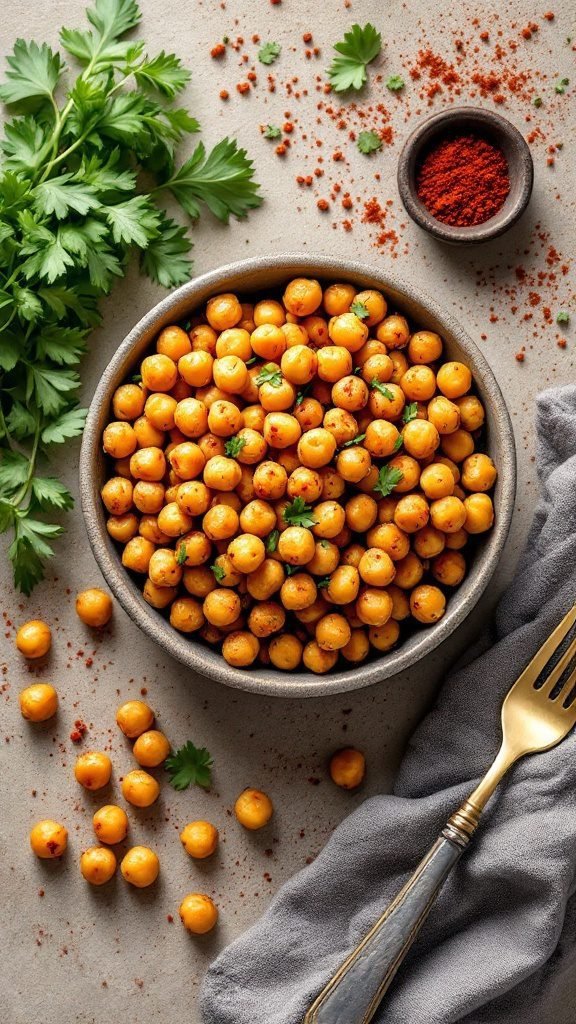 A bowl of roasted chickpeas with spices, garnished with fresh herbs.