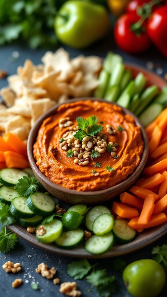 A delicious roasted red pepper and walnut dip surrounded by fresh veggies and crackers.