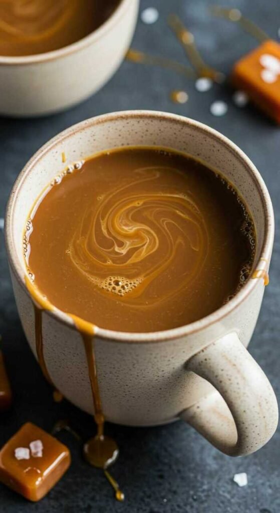 A cozy cup of salted caramel hot coffee with whipped cream and caramel drizzle