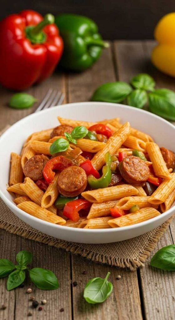 A delicious bowl of sausage and peppers penne pasta.