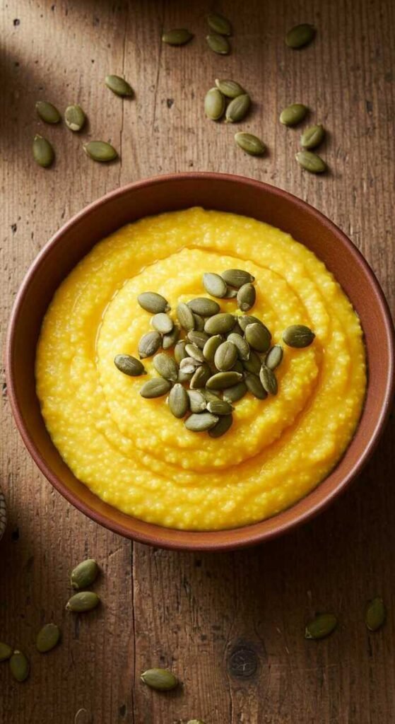 A bowl of creamy pumpkin grits topped with pumpkin seeds.