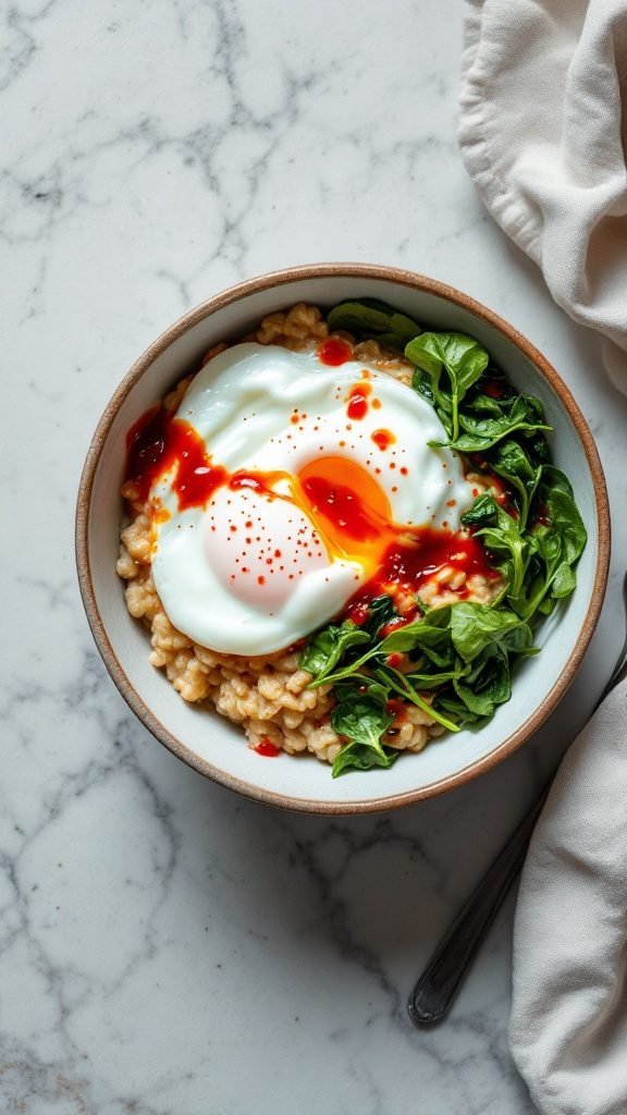 A bowl of savory oatmeal topped with a poached egg and greens