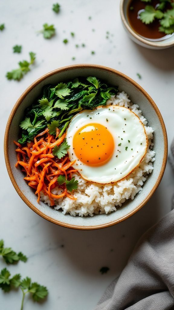 A savory rice breakfast bowl with egg, sautéed greens, and carrots.