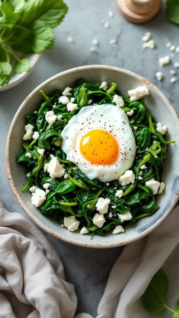 A delicious spinach and feta breakfast bowl with a poached egg on top.