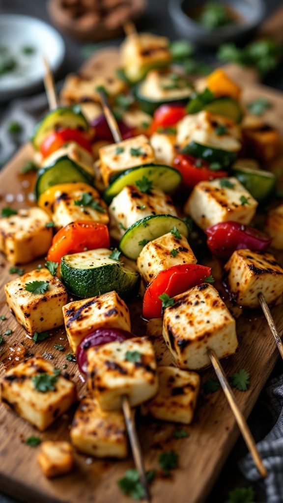 Savory tofu and vegetable skewers on a wooden platter