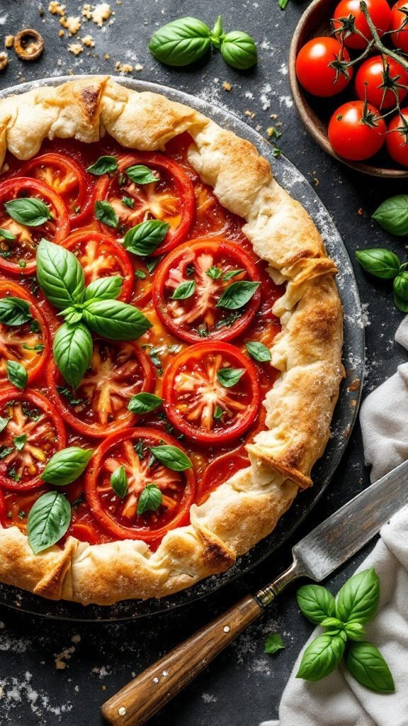 Savory tomato basil tart displayed on a stone surface