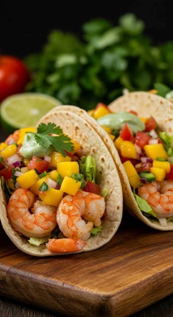 Delicious shrimp tacos with mango salsa and fresh ingredients