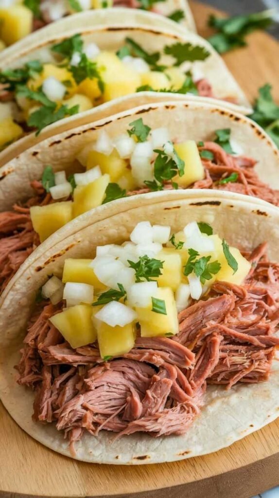 Slow cooker pulled pork tacos with pineapple salsa