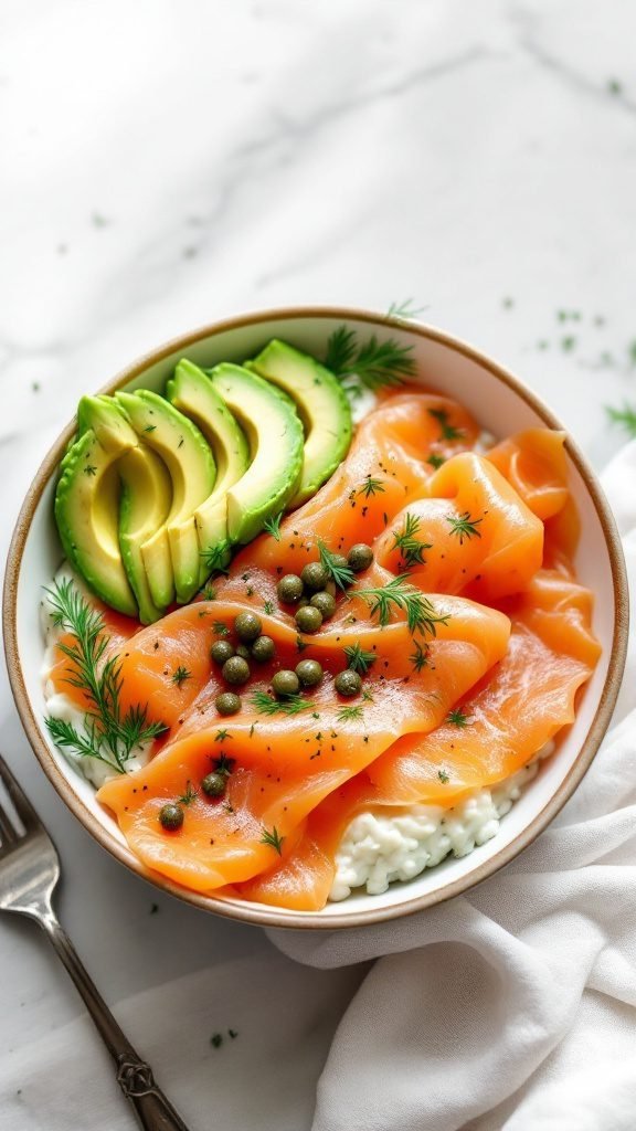 A delicious smoked salmon and avocado bowl with quinoa, capers, and fresh dill