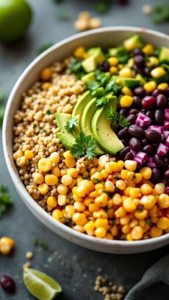 A colorful and nutritious Southwest quinoa breakfast bowl with black beans, corn, avocado, and cherry tomatoes.