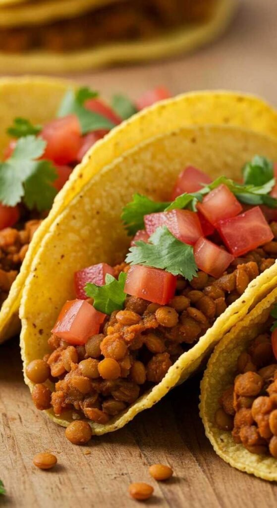 Delicious spicy lentil tacos topped with fresh tomatoes and cilantro