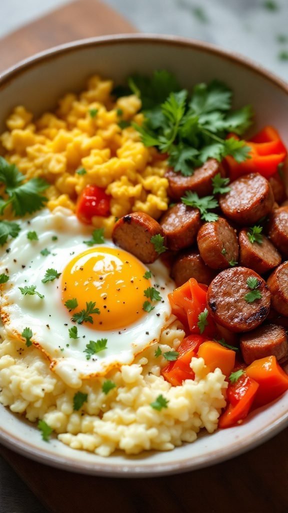 A colorful breakfast bowl filled with spicy sausage, scrambled eggs, and bell peppers.
