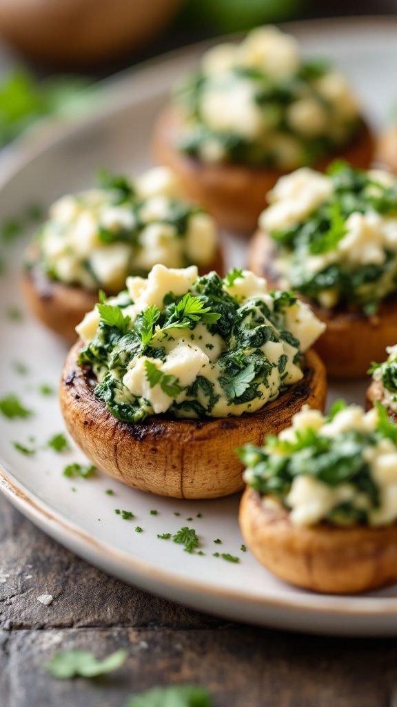 Delicious spinach and feta stuffed mushrooms ready to serve.