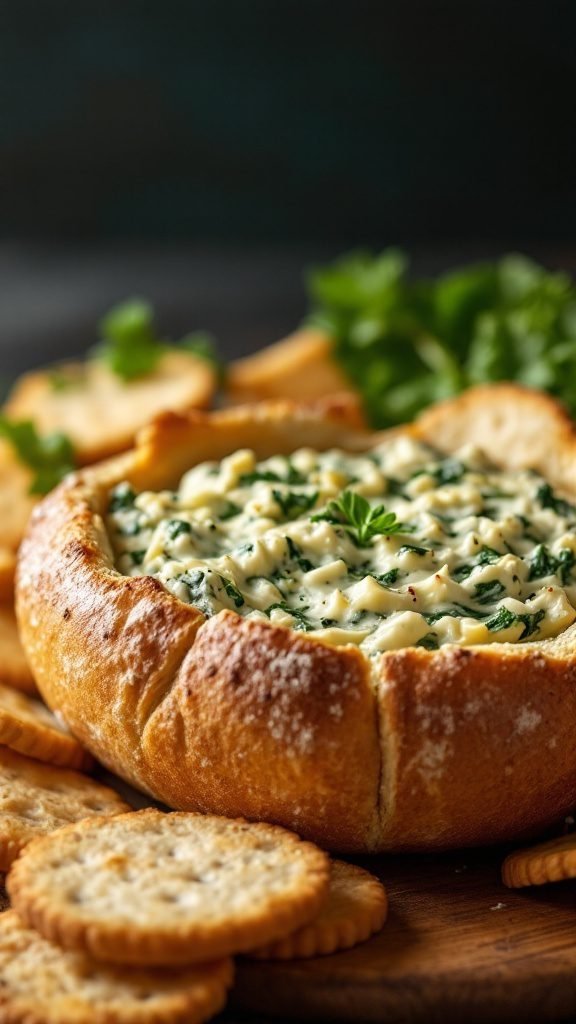 Spinach Artichoke Dip served in a bread bowl with crackers