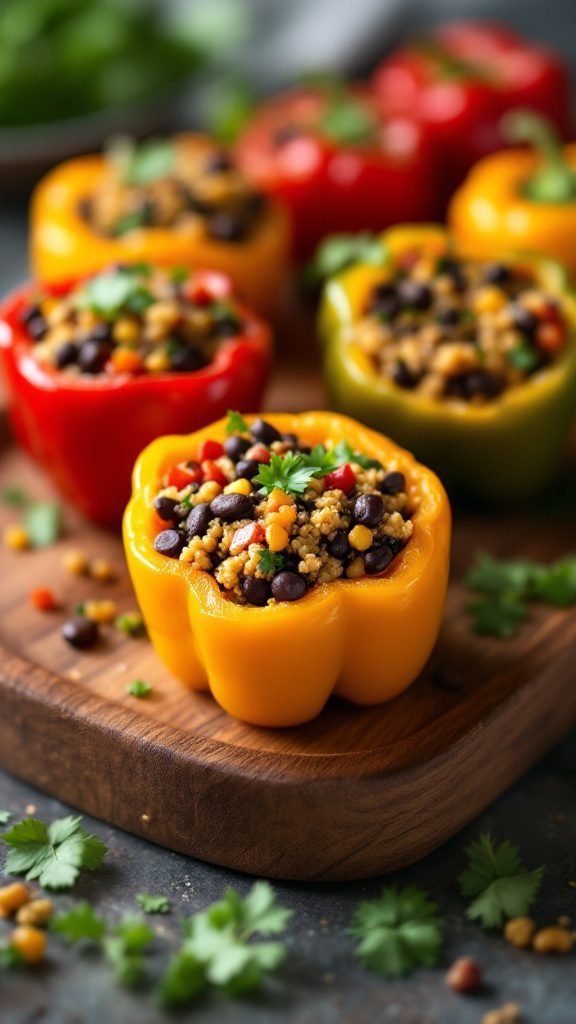 Stuffed mini bell peppers with a colorful filling on a wooden board