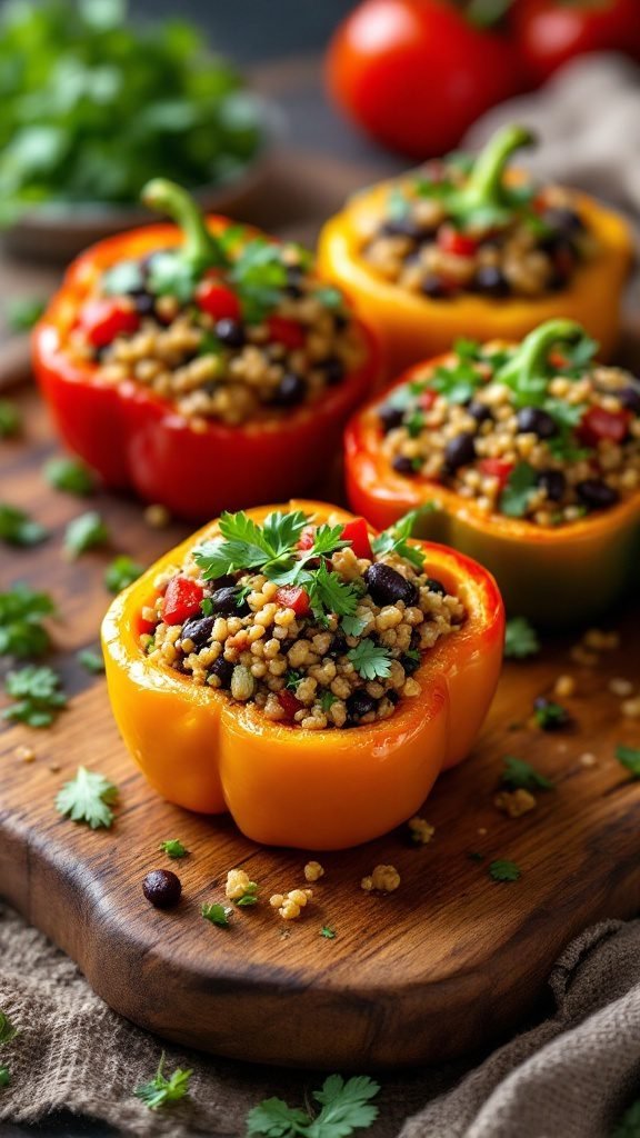 Stuffed mini peppers filled with quinoa and black beans on a wooden board
