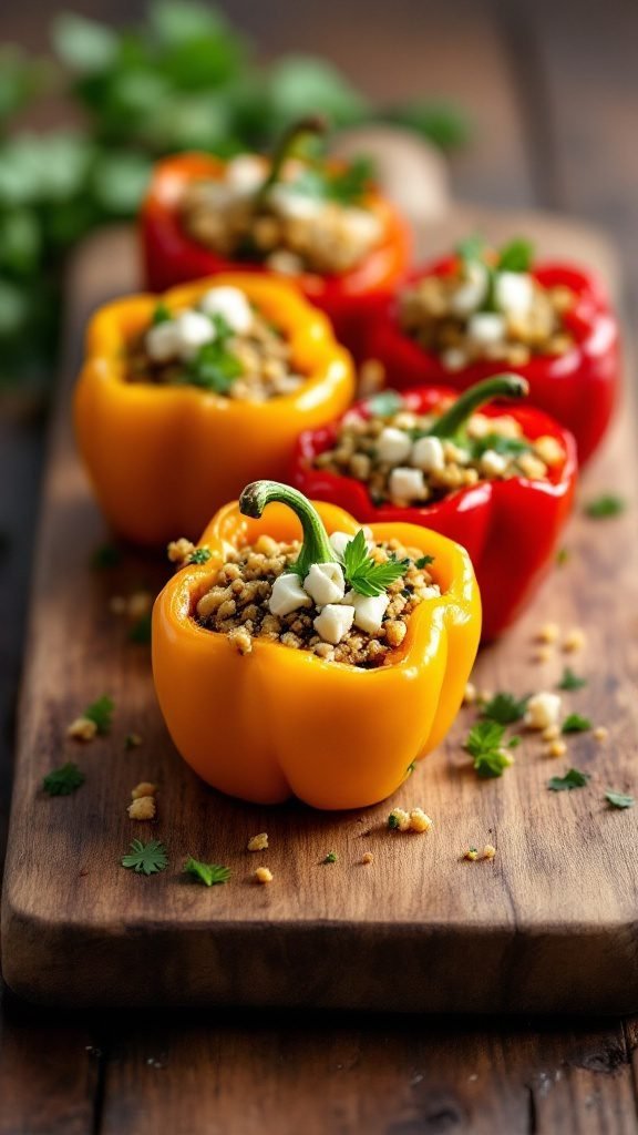 Stuffed mini peppers with quinoa and feta on a wooden board