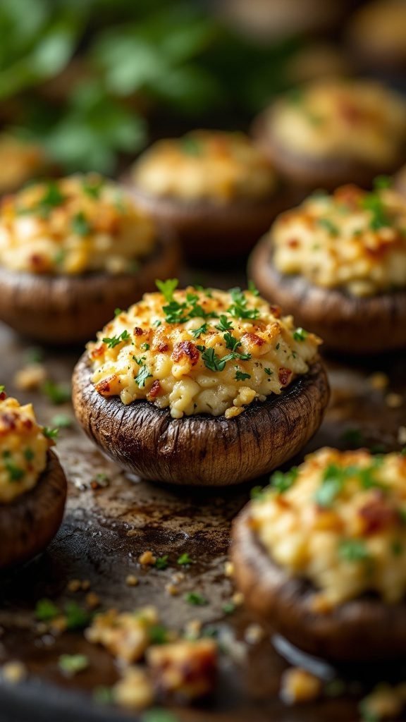 Delicious stuffed mushrooms topped with herbs and cheese.