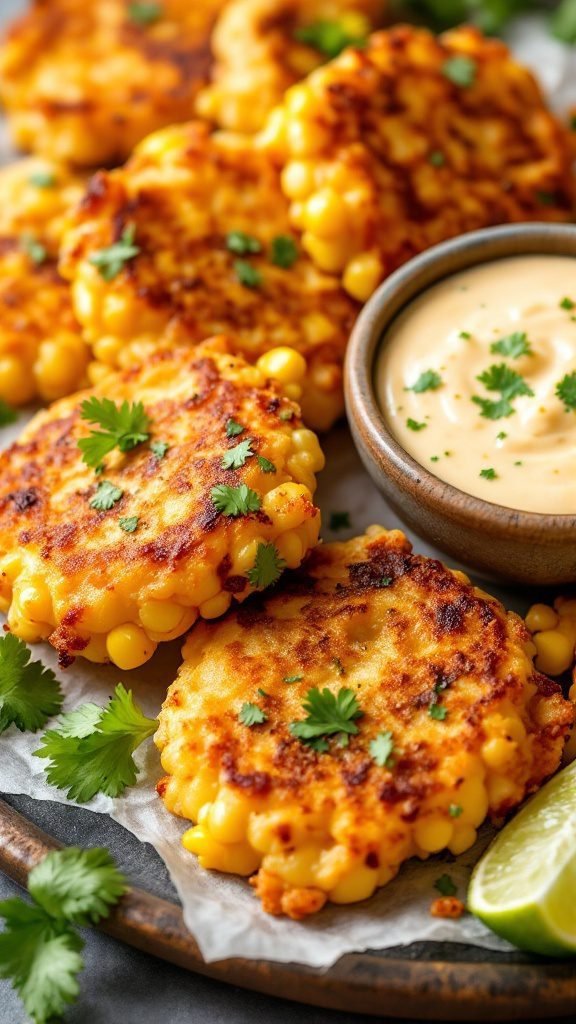 Plate of sweet corn fritters garnished with cilantro and lime