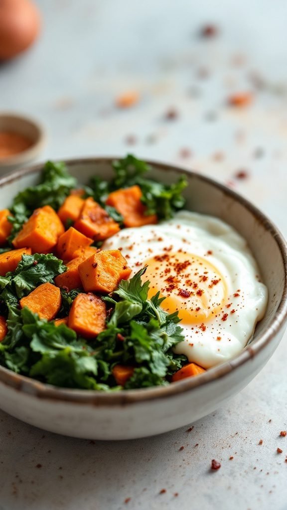A delicious Sweet Potato and Kale Breakfast Bowl topped with a runny egg and sprinkled with red pepper flakes.